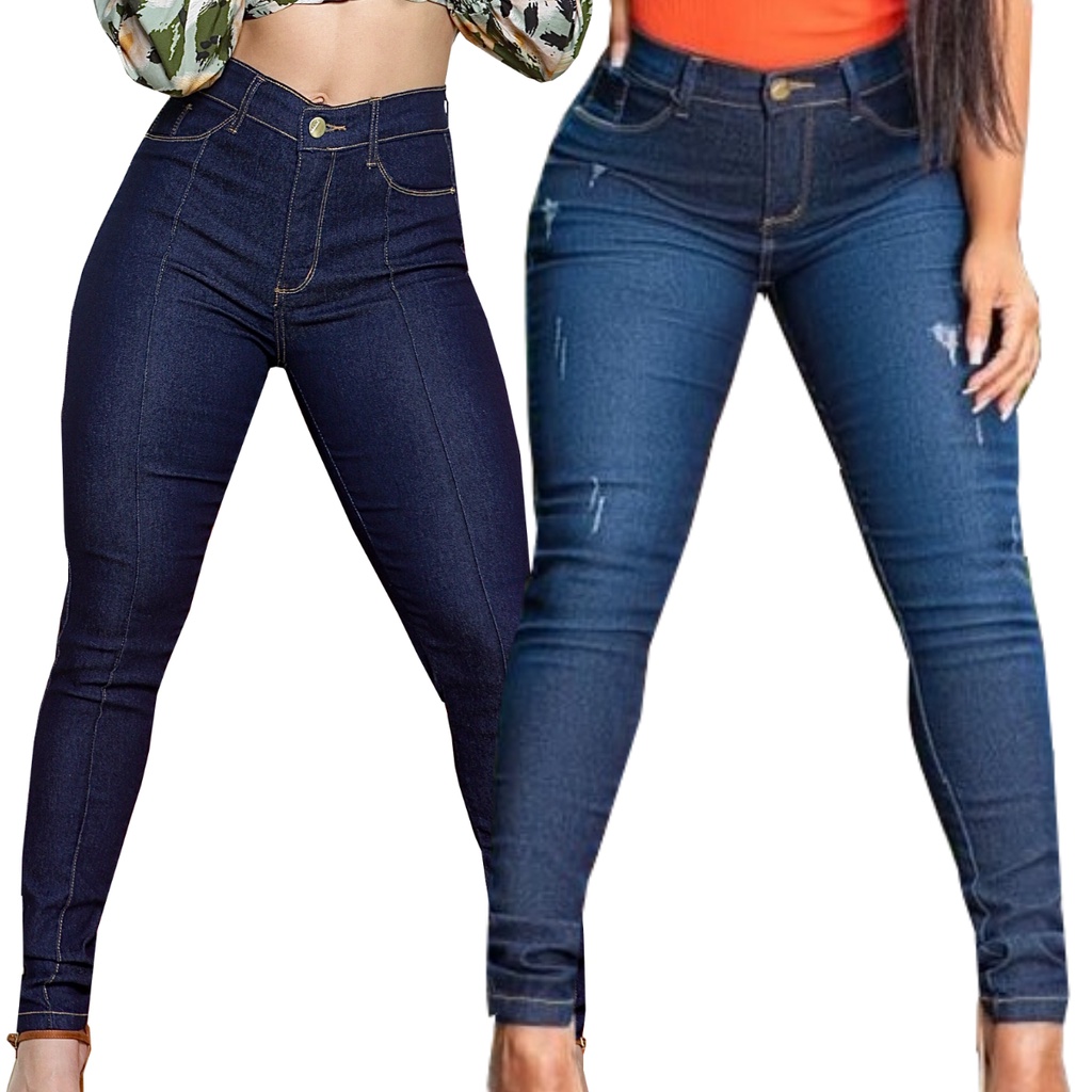 Kit 2 Calças Femininas Jeans Cós Alto Até o Umbigo Lycra 36 38 40 42 44 46 em Oferta na Shopee