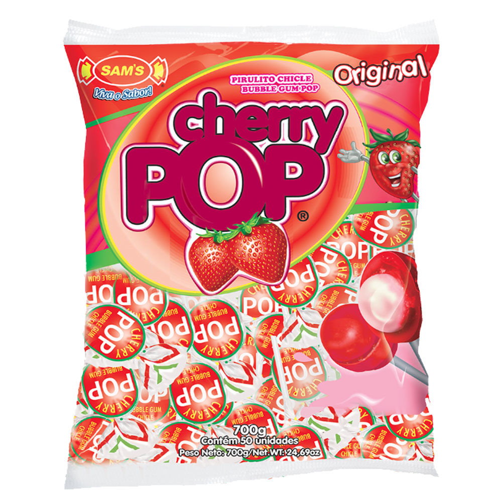 Pirulito Cherry Pop Morango Recheio Chiclete c/50 - Sams