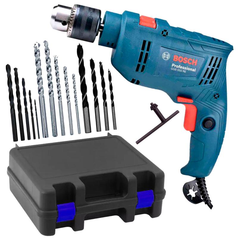 Furadeira de Impacto 1/2 POL 550W GSB 550 RE com Reversão e Kit 14 Brocas BOSCH + Maleta em Oferta na Shopee