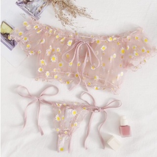 2Pçs Conjunto De Lingerie Feminina Sexy Transparente Com Estampa Floral Ombro Vazado Calcinha Tanga