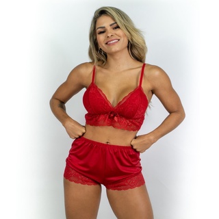 Pijama Baby Doll Confortável Renda Cropped e Short