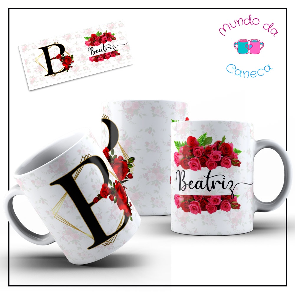 Caneca Personalizada com Inicial e Nome Floral Vermelha de Porcelana (Temos Todas as Iniciais)