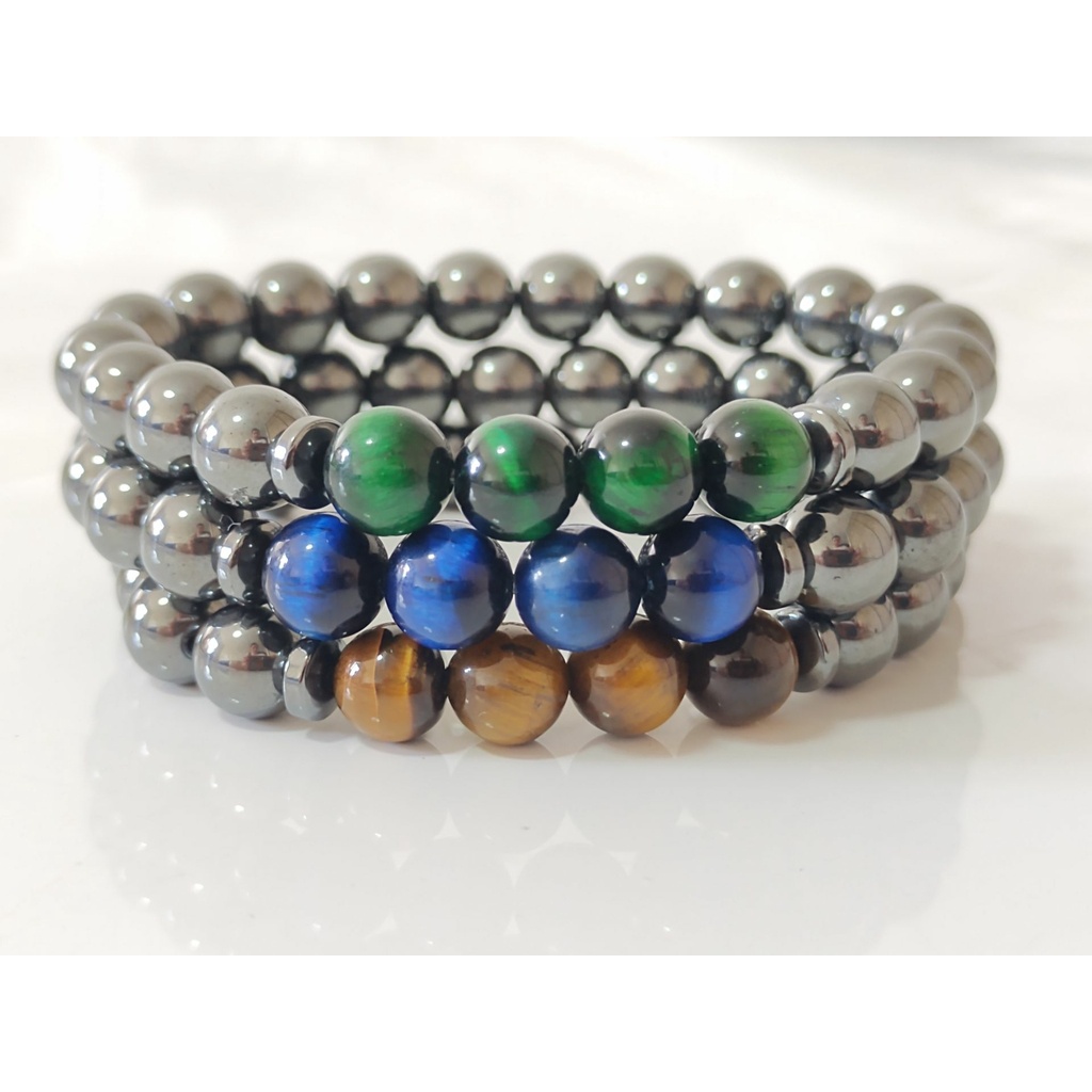 KIT PULSEIRAS HEMATITA COM OLHO DE TIGRE / OLHO DE TIGRE AZUL / OLHO DE TIGRE VERDE - Proteção / Sorte / Saúde