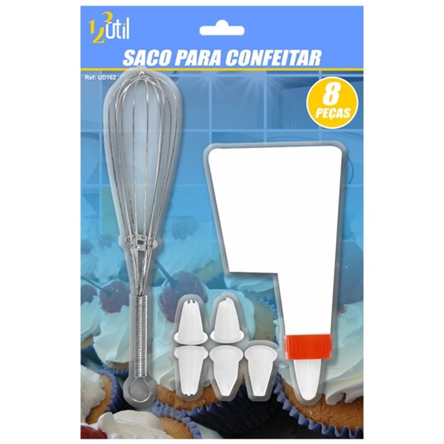 KIT CONFEITEIRO 8 PEÇAS - SACO PARA CONFEITAR, BATEDOR DE CLARA E BICOS PARA CONFEITAR