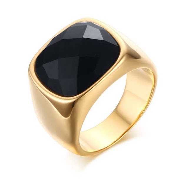 Anel Masculino Pedra Preta Ônix Banhado Ouro 18 K Comendador