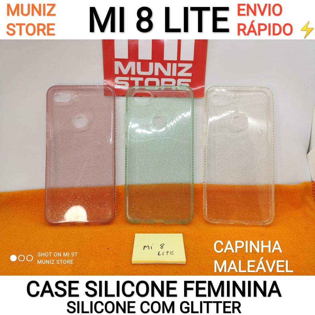 Capa Capinha Case Mi 8 Lite Silicone Transparente Com Glitter Emborrachada Glitter Maleável