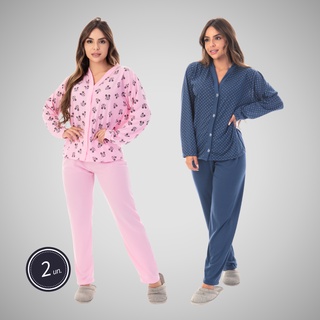 Kit 2 Pijamas Longos Botão Roupa De Dormir Feminina Amamentação Linha Noite Inverno Frio Confortável Com Abertura 332