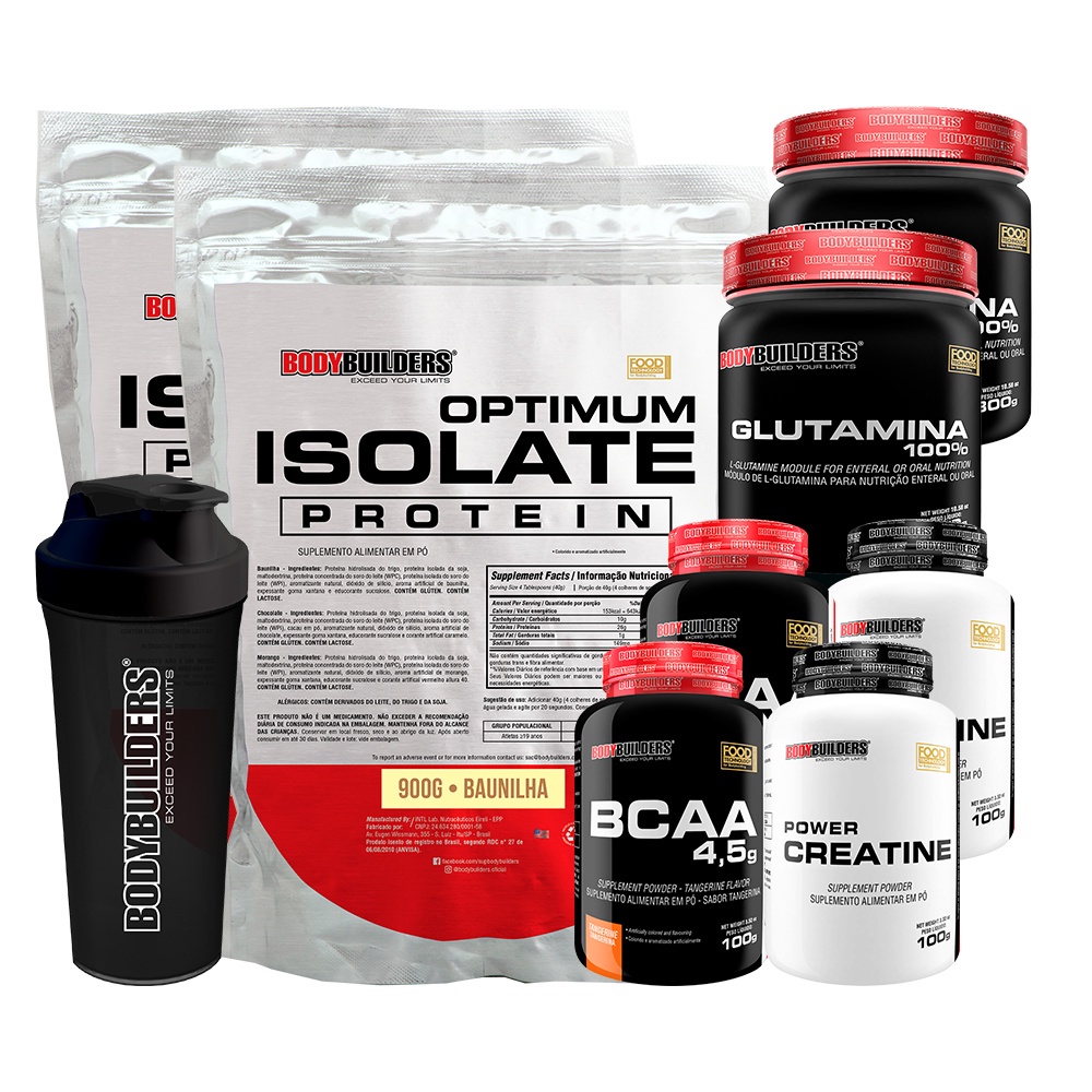 Kit 2x Whey Protein Optimum Isolate + 2x BCAA 100g + 2x Creatina 100g + 2x Glutamina 300g + Coqueteleira -Bodybui