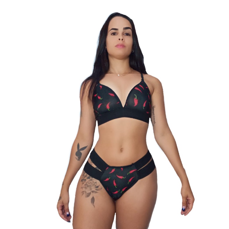 Conjunto Lingerie Sensual Strappy Pimentinha Sexy