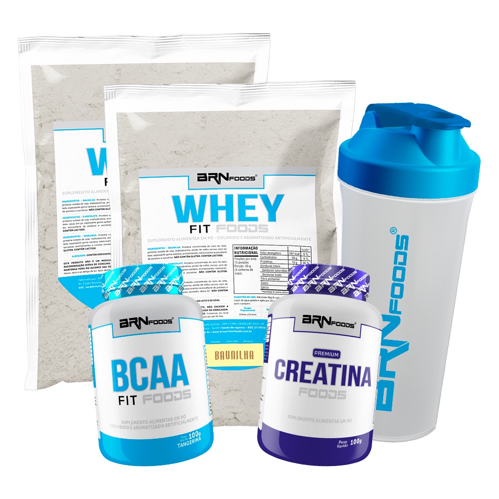 Kit 2x Whey Protein Concentrado em Blend Proteico 500g + BCAA 100g Sabor Tangerina + Premium Creatina 100g + Coqueteleira - BRN Foods