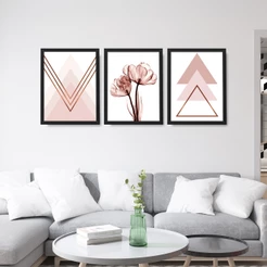 Kit 3 Quadros Decorativos Para Sala Modernos Moldura 40x60 Geométrico Floral Flores Quarto Feminino