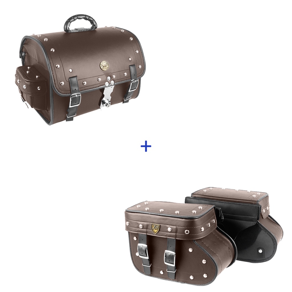 Kit Viagem Alforge Traseiro 35 Litros Couro Sintético Marrom C/ Cravos e C/ Fechadura Chave Tranca + Alforge Lateral Botinha 18 Litros Couro Sintético Marrom C/ Cravos