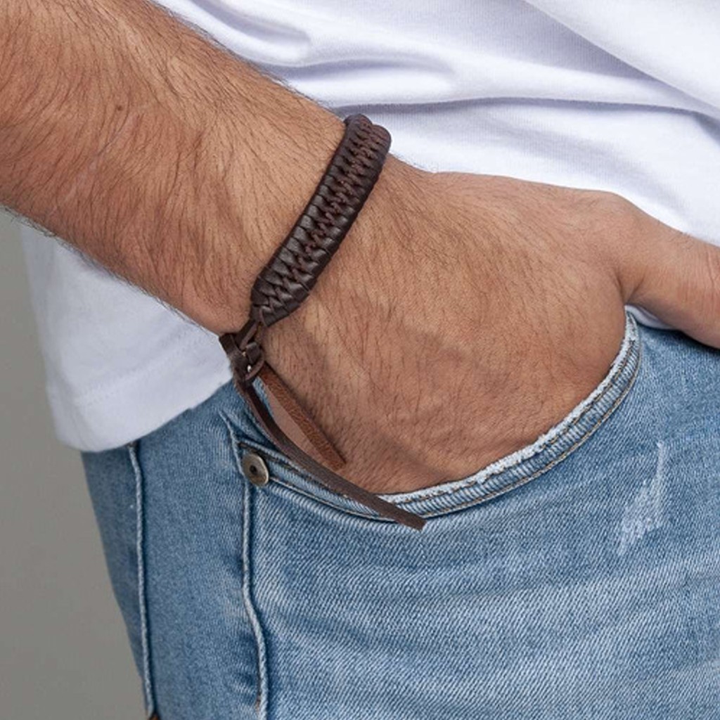Pulseira bracelete couro trançado Preto Ou Marrom Café Masculina Feminina Tribal Pode Molhar Não Precisa Amarrar.