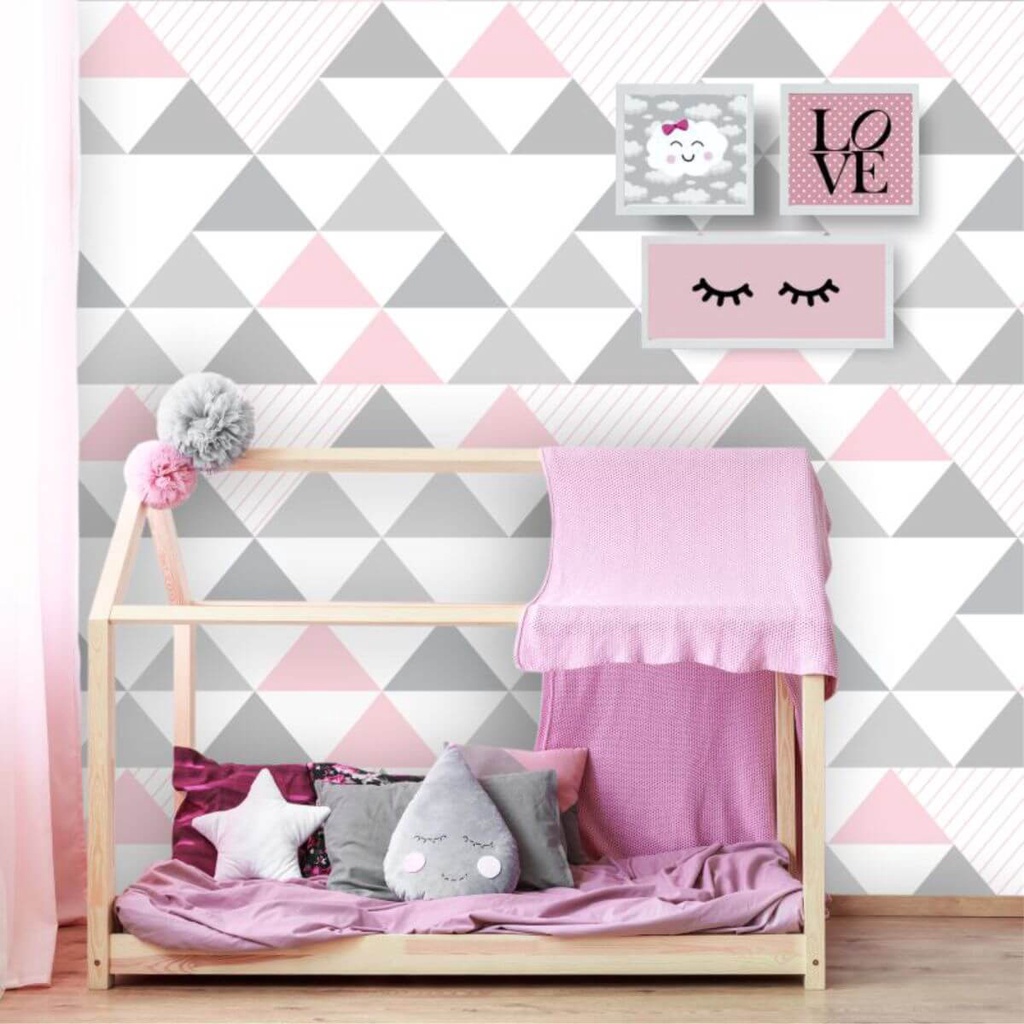 Papel de Parede Geometrico Triangulos Cinza e Rosa Decoração Quarto 50x50 em Oferta na Shopee