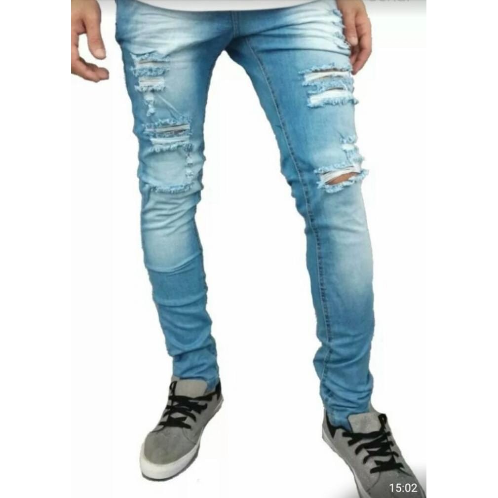 Calça Destroyed Jeans Rasgada Masculina Skinny Com Laycra