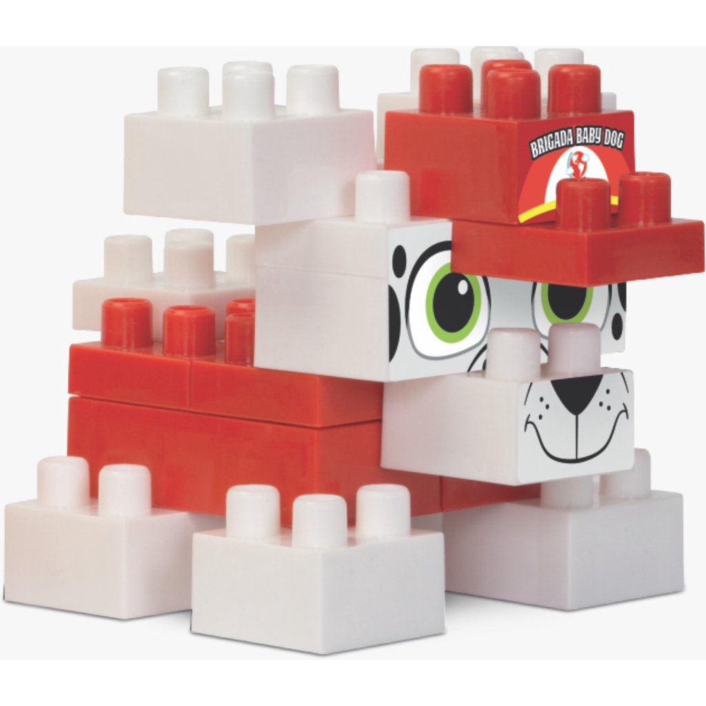 Brinquedo Para Montar Brigada Baby Dog 48 pcs - Peca encaixar - Bombeiro Vermelho a - Peça encaixar - Bloco de Montar