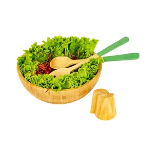 Kit Bowl Salada Com Saleiro Pimenteiro E Pegador De Bambu