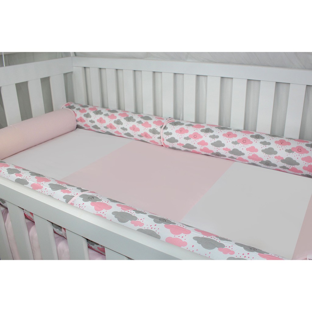Kit Rolinho Berço Nuvem Rosa Protetor 06 Peças Menina