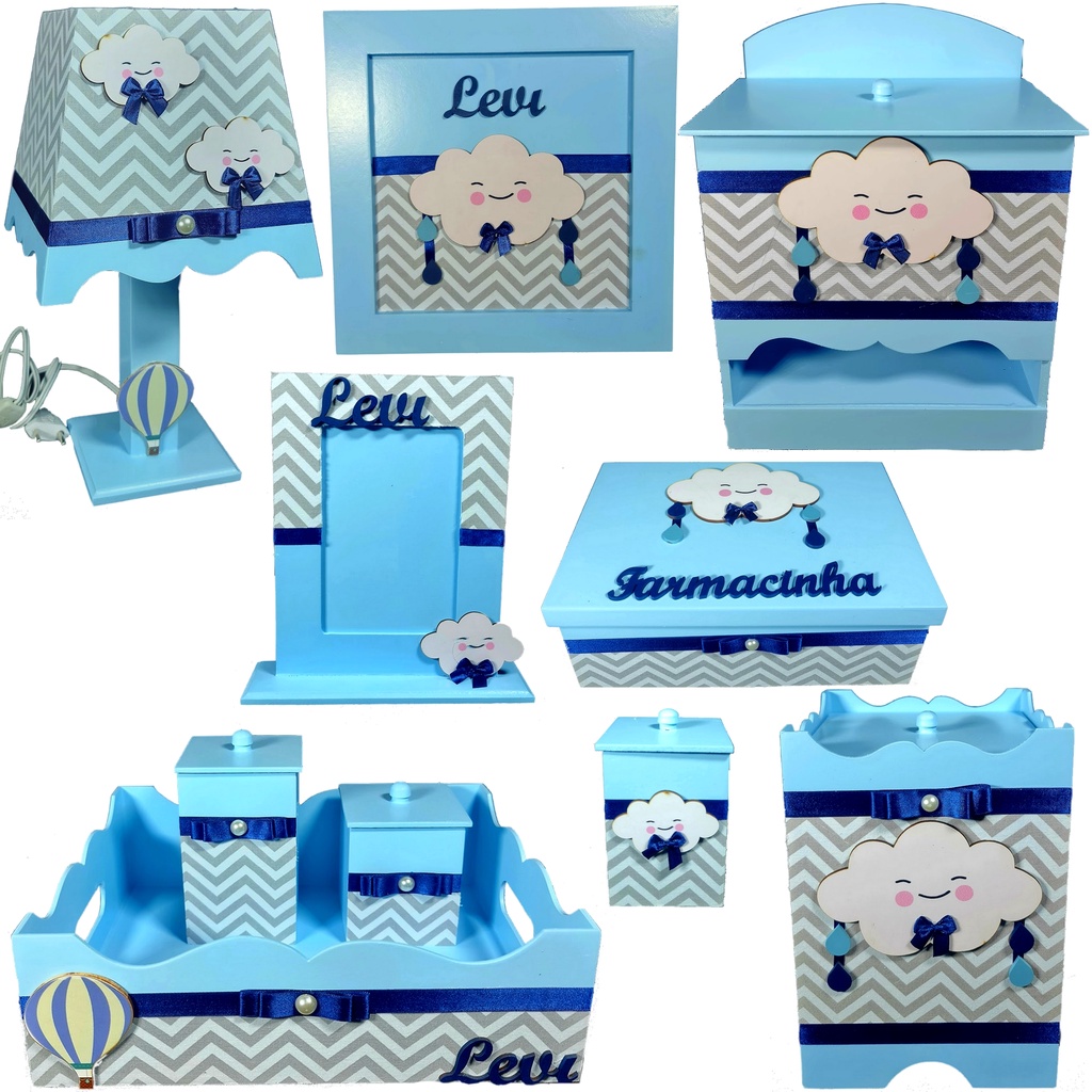 Kit Higiene Bebê 10 Pçs - Chuva De Amor Azul Bb Chevron Cinza + Brinde