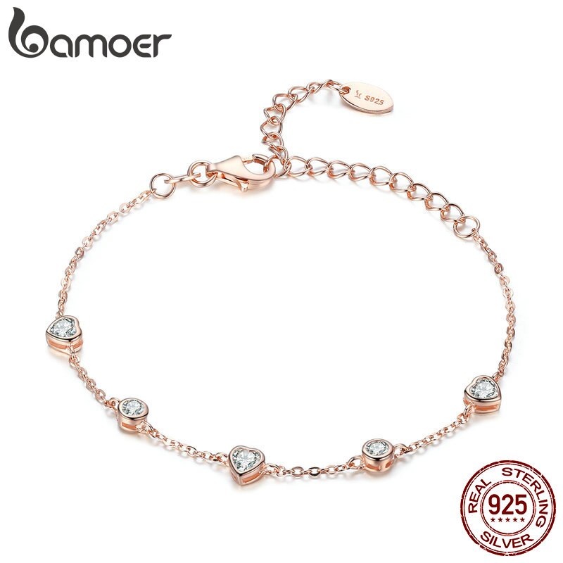 Bamoer Clássico 925 Sterling Silver Coração Cor Do Ouro Mulheres Pulseiras Cadeia Fecho Da Lagosta Pulseira De Prata Esterlina Jóias Scb097 em Oferta na Shopee