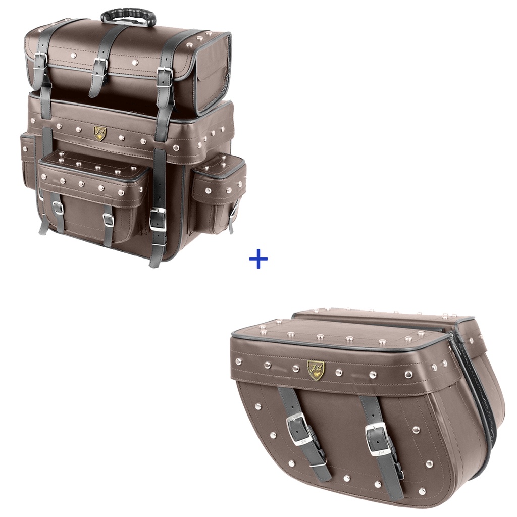Kit Viagem Alforge Traseiro 60 Litros em Couro Sintético Marrom C/ Cravos + Alforge Lateral Losango 32 Litros em Couro Sintético Marrom C/ Cravos