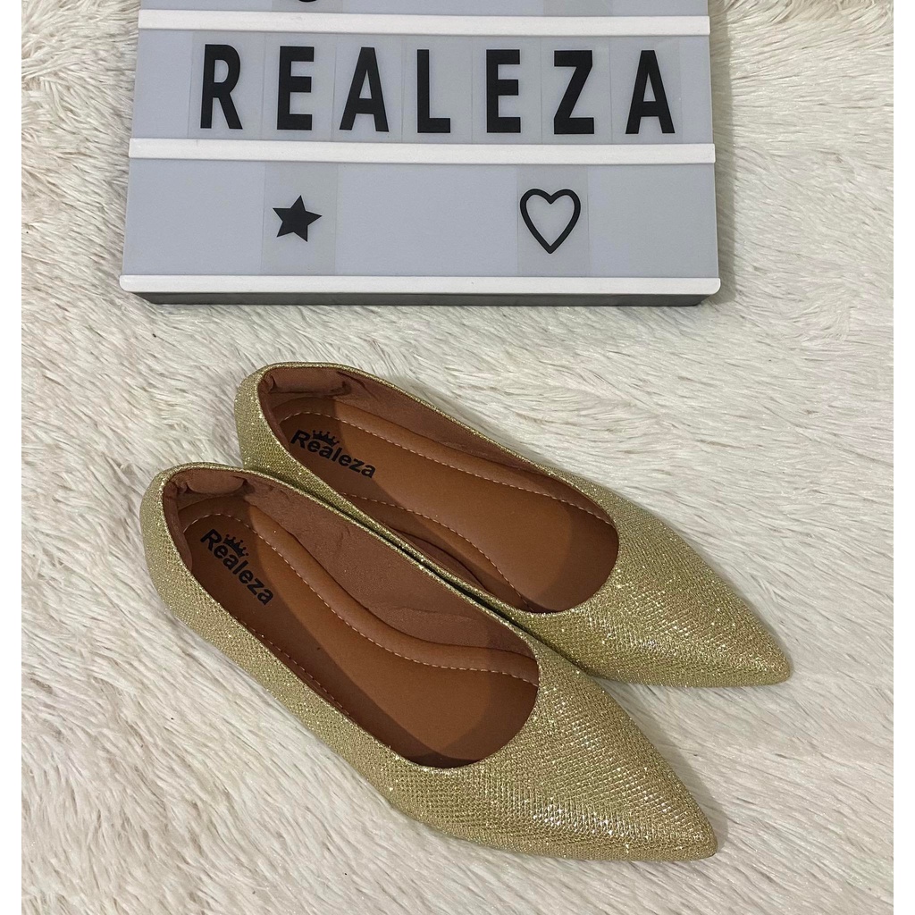 Sapatilha Feminina Bico Fino Alongado Gliter Dourado Luxo Festas Casamentos
