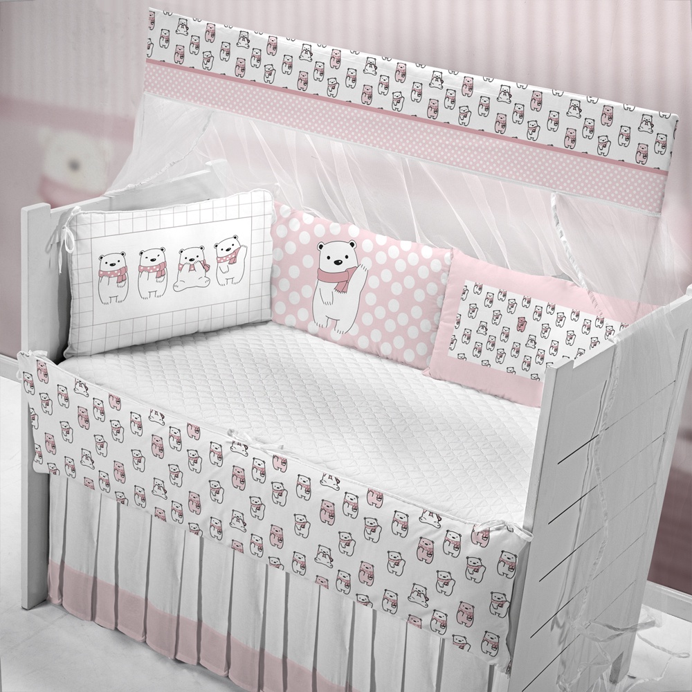 Kit Berço Urso Polar Rosa 10 Peças Menina 100% Algodão