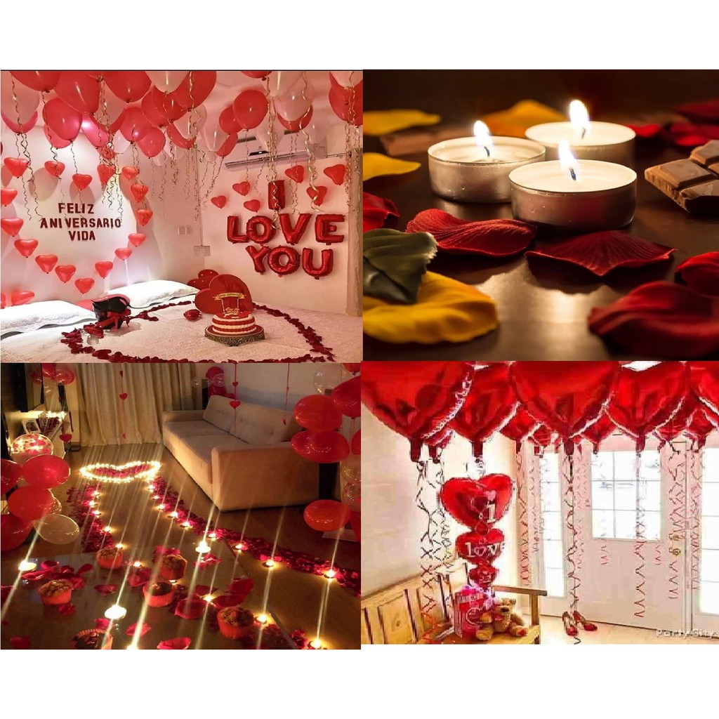 Kit Dia dos Namorados + 500 Pétalas Rosa + 18 Balão Coração + 20 Velas Rechaud + Balão Letra + Fitilho + Mini Bomba