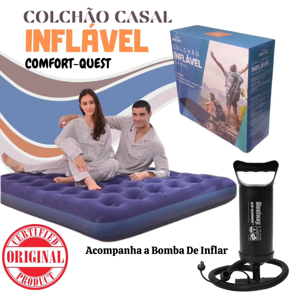 Colchão Inflável Casal COMFORT-QUEST Capacidade para 300Kg com + Bomba de Inflar Manual 30 cms