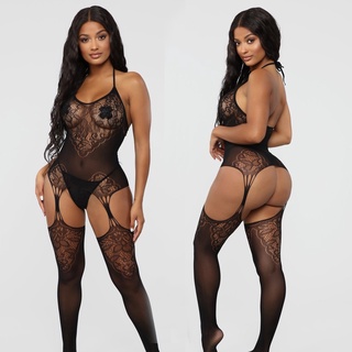 Sexy Lingerie Macacão Arrastão Sexy Bodystocking Flora Preto Feminina