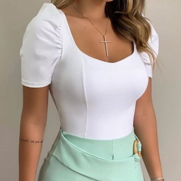 Body feminino com bojo manga princesa bufante moda menina em Oferta na Shopee