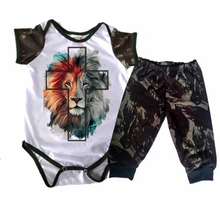 Conjunto Body Bebê Leão De Judá Camuflado Com Calça Body Bebê estampa evangélica