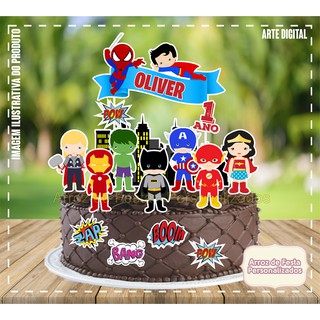 Topo de Bolo Topper De Bolo Personalizado Nome e Idade Heróis Vingadores Liga da Justiça Cute