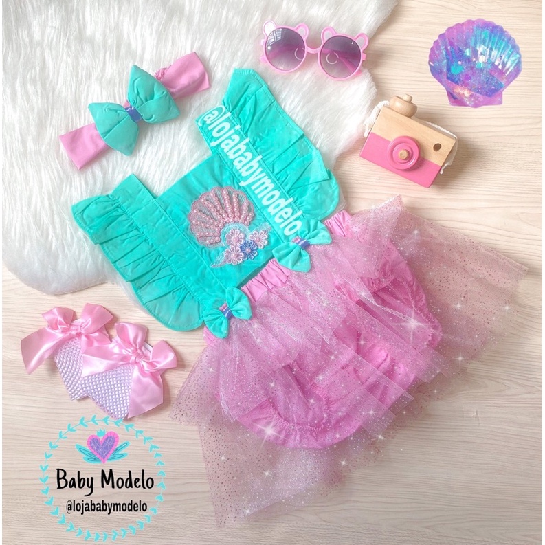 Romper body ariel pequena sereia fundo do mar pérola baby salopete fantasia  vestido infantil bebê festa - Escorrega o Preço