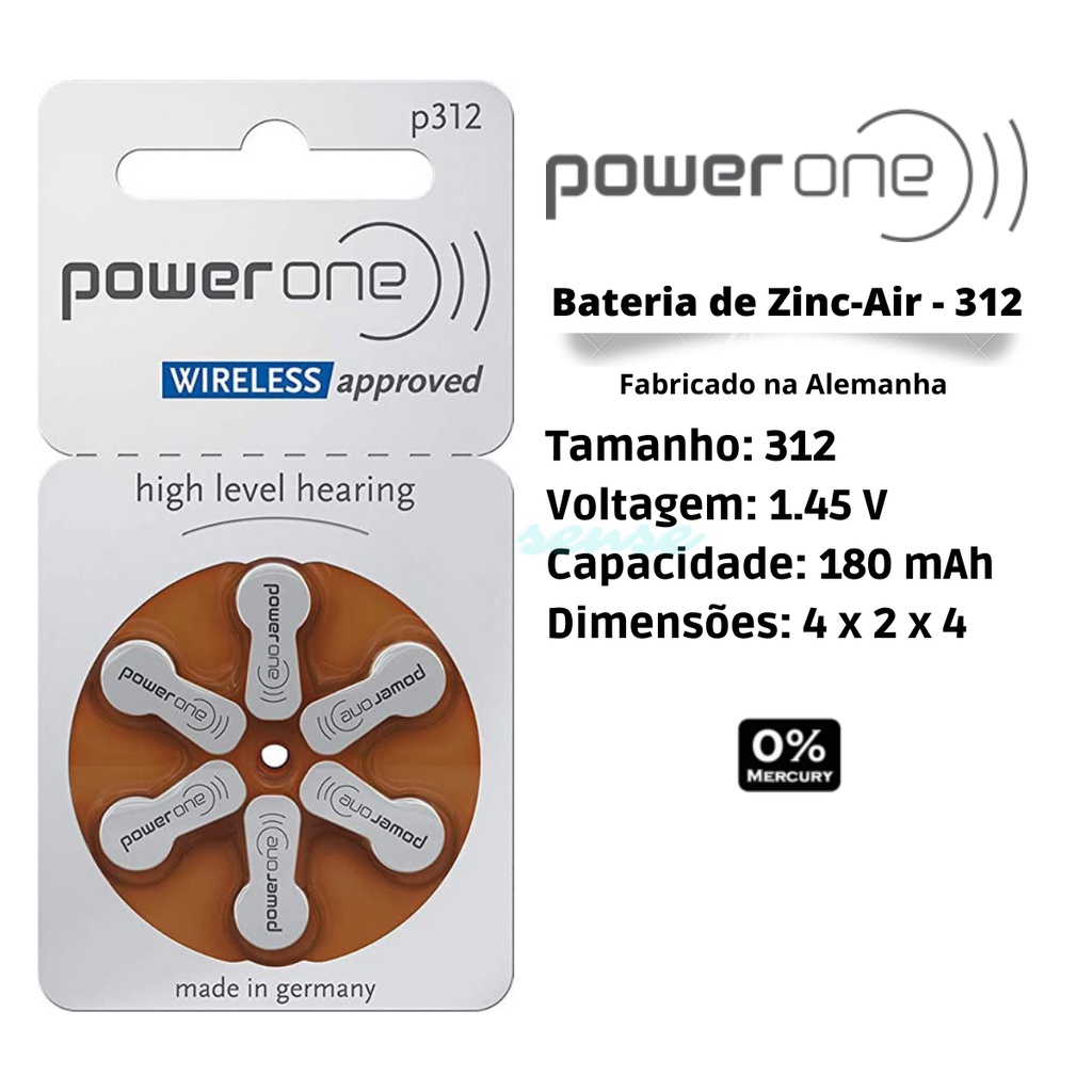 06 Baterias / Pilhas para Aparelho Auditivo - Tamanho 312 - selo marrom - Power One em Oferta na Shopee