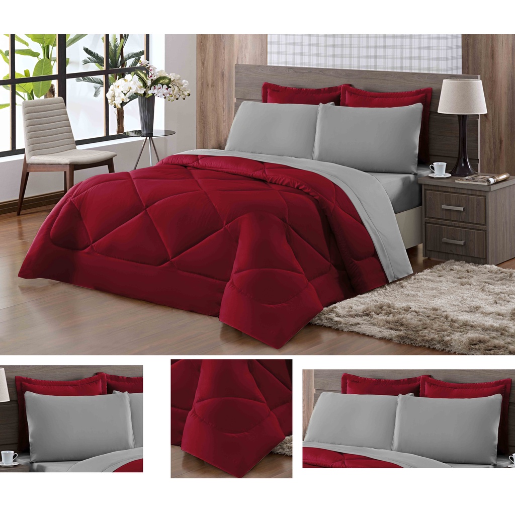 Kit Jogo de Cama Casal Queen + Jogo de Lençol 06 peças Aconchego Dupla Face Vermelho e CINZA