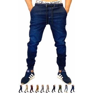 Calça Jogger Jeans Escuro Com Elástico Na Perna + Variação De Cores