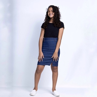Saia secretária infantil e juvenil jeans evangélica com lycra elastano