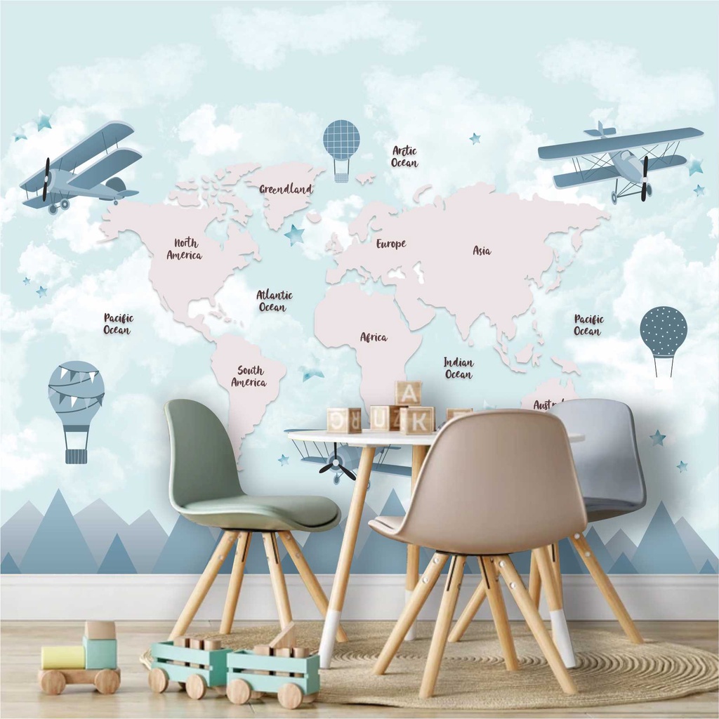Papel De Parede Mapa Infantil Zoo Safari Balões Painel Adesivo G1206