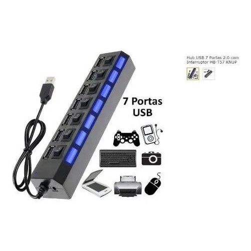Hub Usb 2.0 Com 7 Portas Switch On/off E Led Indicador