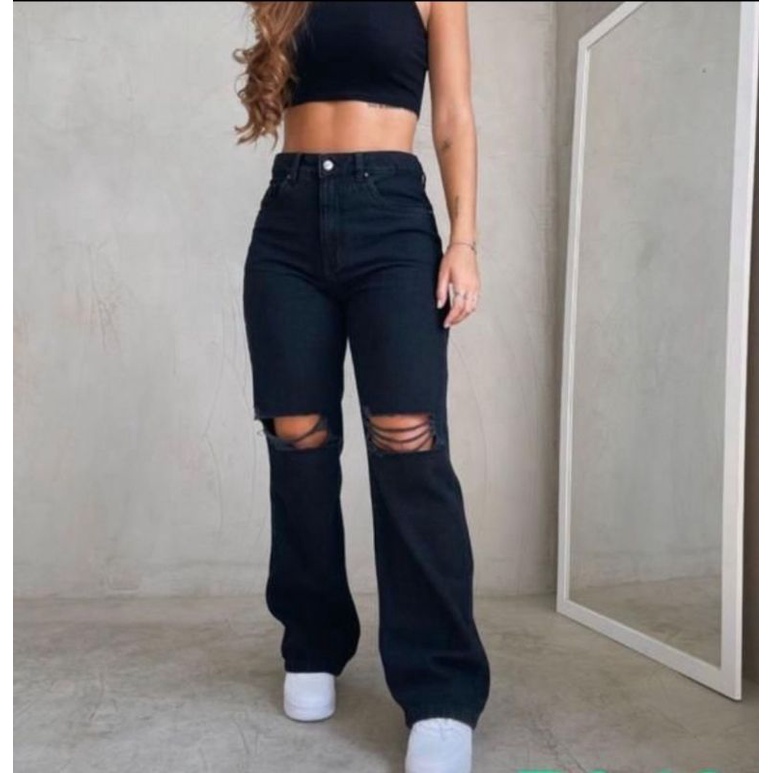 calça Wide leg preta rasgado no joelho feminina wissam jeans