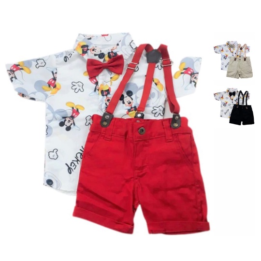 Mickey Estampado Kit Roupa Conjunto Infantil Menino 4 Peças Camisa Gravata Bermuda e Suspensório Aniversário Mesversário