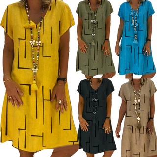 ZF-Vintage Women Cor Sólida V Pescoço Manga Curta Estampada Vestido De Joelho Com Comprimento