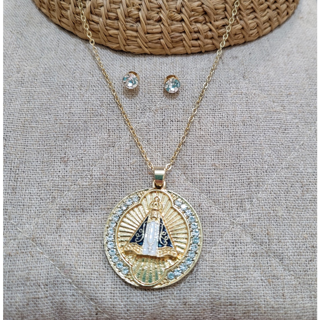 AB005- -3 - Conjunto Colar corrente gargantilha e brinco folheada folheado ouro Nossa Senhora Aparecida strass