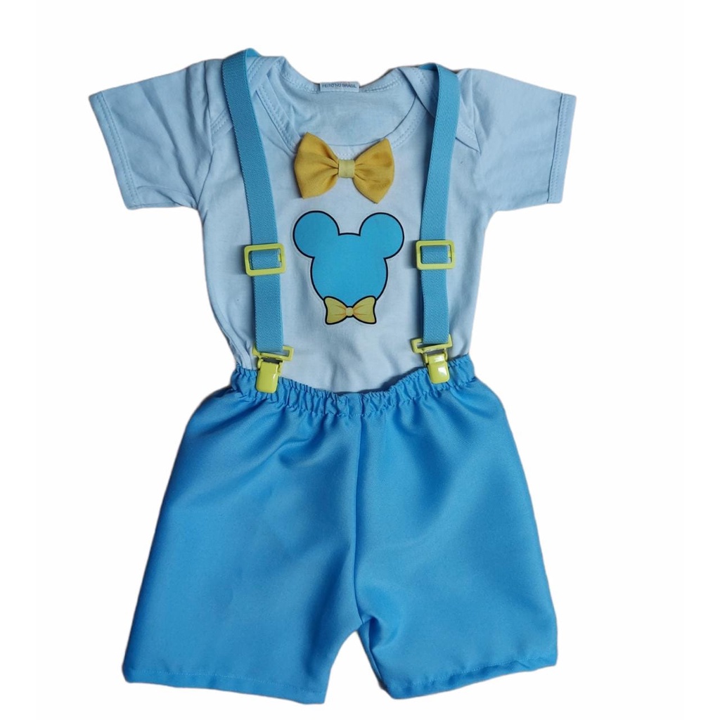 Conjunto Infantil Mesversário Bebê Menino Criança Festa Baby Mickey Body Temático, Shorts e Suspensório