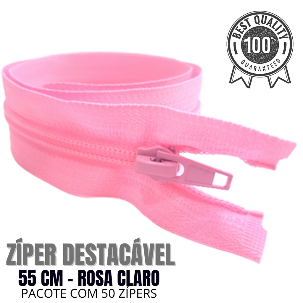 [50 unidades] Zíper de Nylon p/ Jaqueta Destacável #5 Tam. 55cm Cor: Rosa - Pacote com 50 zipers.