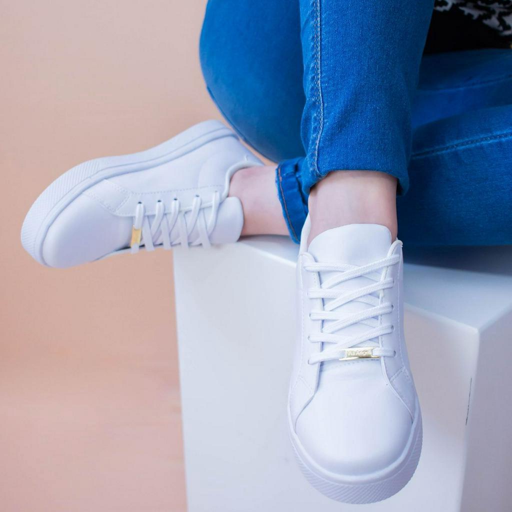 Tênis Feminino Branco Casual Flat Form Plataforma Sapatenis Leve Confortável Via Angel 66.01