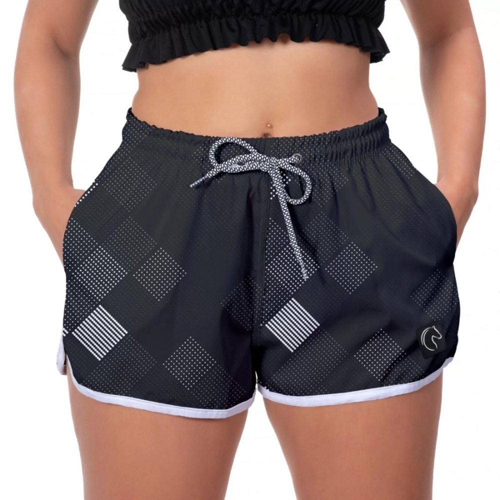 Short Feminino Esportivo Losango Preto Shortinho Soltinho Casual Moda Praia Leve Durável Respirável Seca Rápido