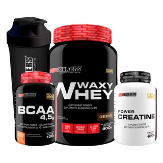 KIT Whey Protein Waxy Whey Pote 900g + Bcaa 4,5g 100g + Power Creatina 100g + Coqueteleira - Kit Para Aumento de Massa Muscular - Bodybuilders
