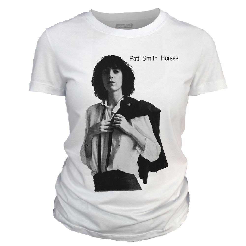 Camiseta feminina 100% algodão Dasantigas estampa Patti Smith - Horses em serigrafia ( silk ).